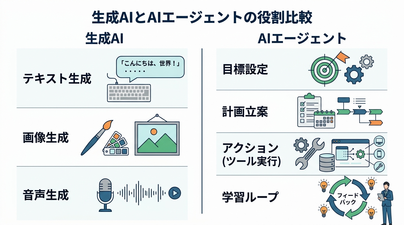 AIエージェントと生成AIの役割と機能の違いを比較する図