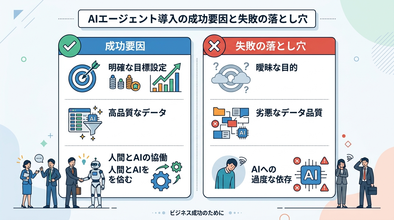 AIエージェント導入における成功の要因と失敗のリスクを対比する図